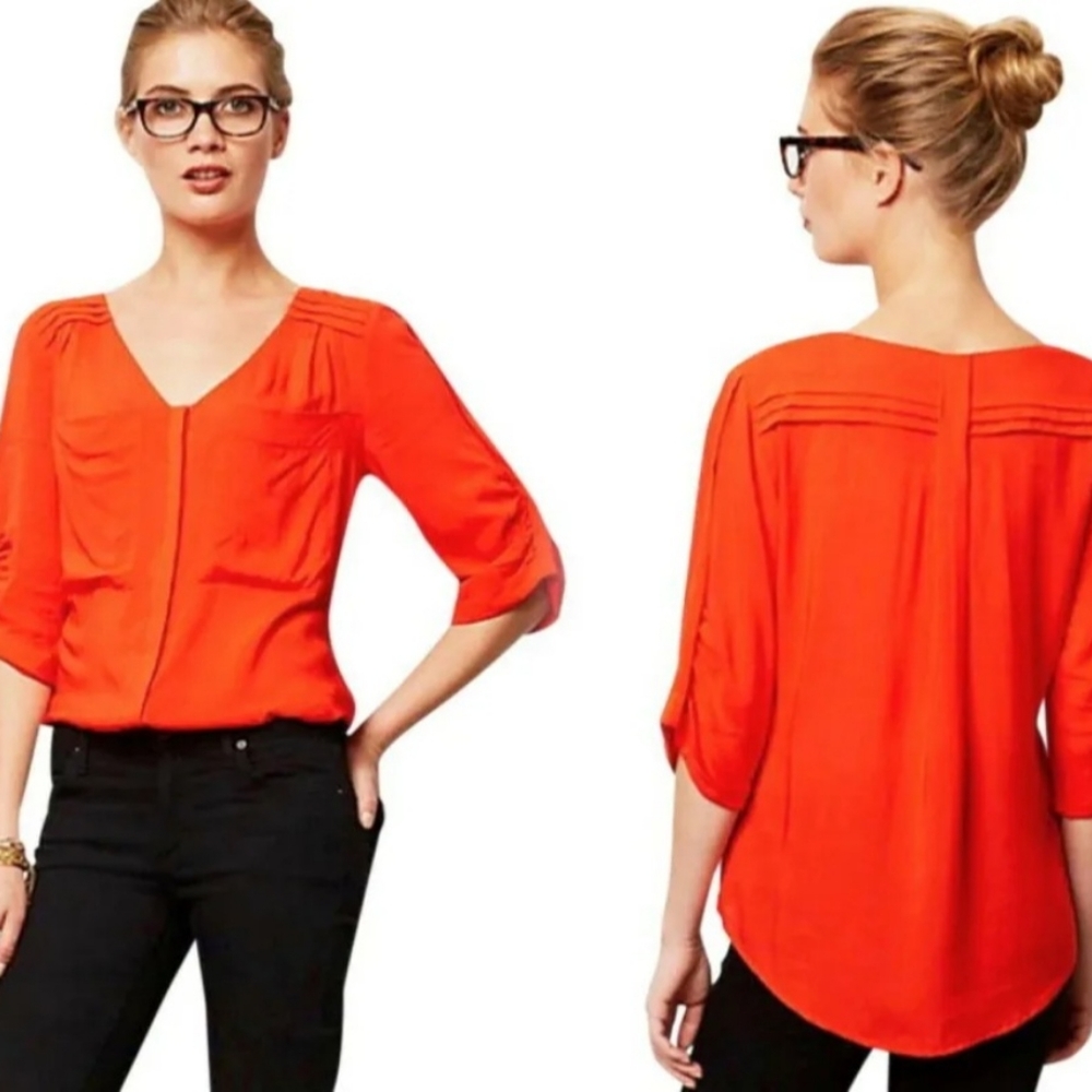 ANTHROPOLOGIE EDME & ESYLLTE RED DRAPEY PLEATED HENLEY BLOUSE TOP